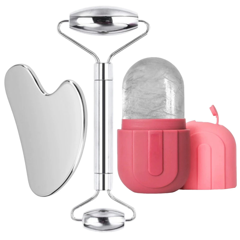 Apeiron 1/3PCS Face Ice Roller Stainless Steel Gua Sha Board Face Massage Roller Facial Massager Face Lifting Beauty Skin Care Tools