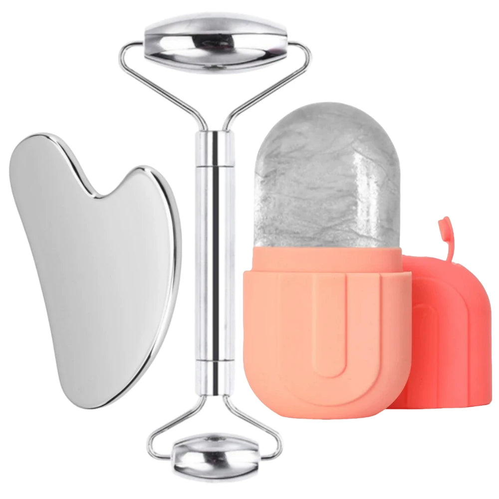 Apeiron 1/3PCS Face Ice Roller Stainless Steel Gua Sha Board Face Massage Roller Facial Massager Face Lifting Beauty Skin Care Tools